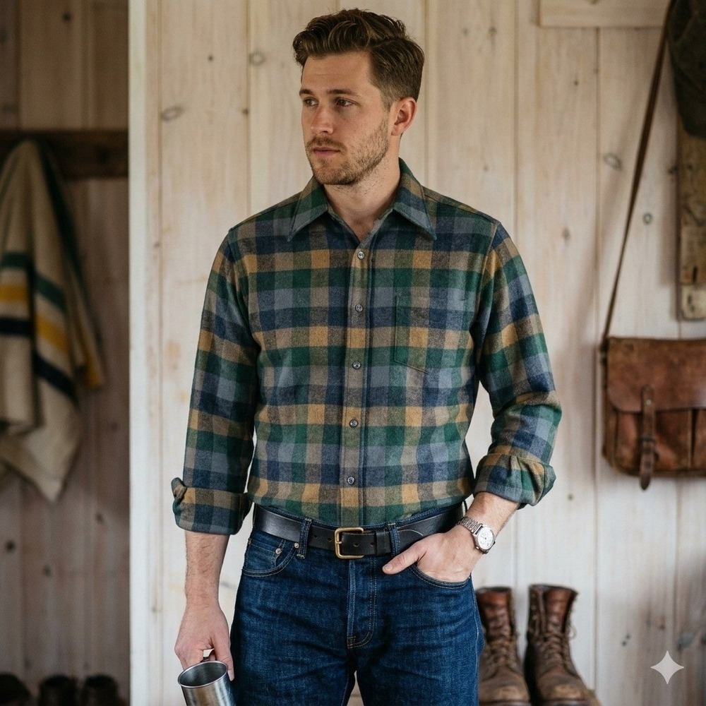 Vintage Pendleton Mens Large Wool Board Shirt Green Blue Gold Plaid USA Made